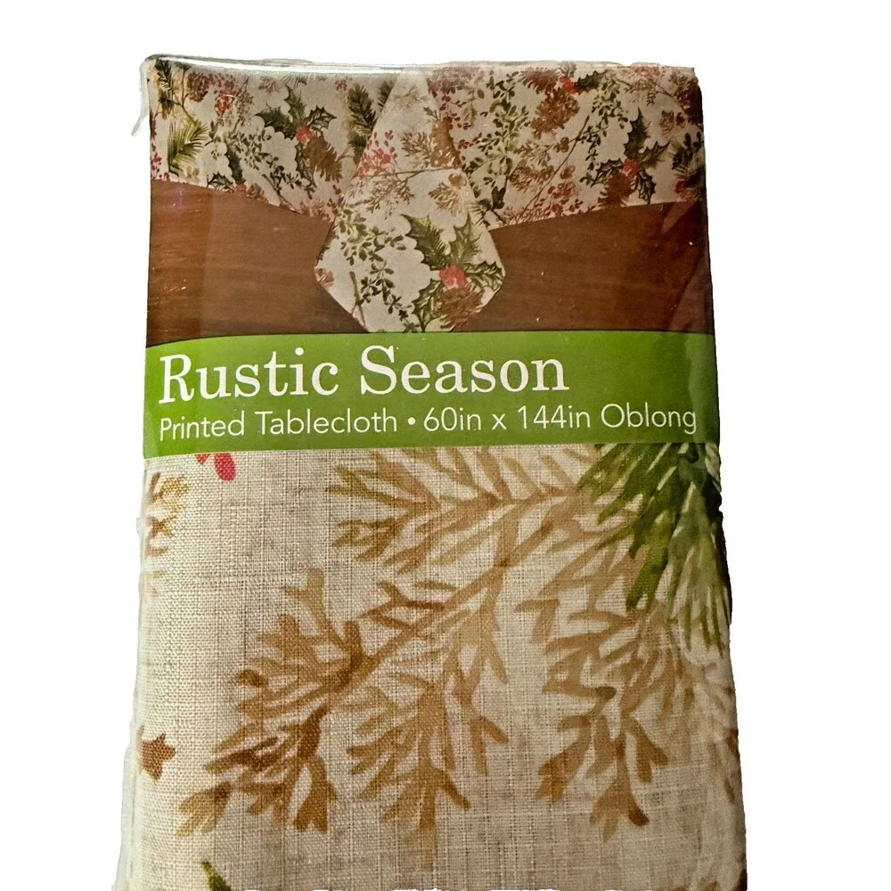 Christmas Rustic Season Fabric Tablecloth 60x144 Oblong Holiday Pinecones Holly